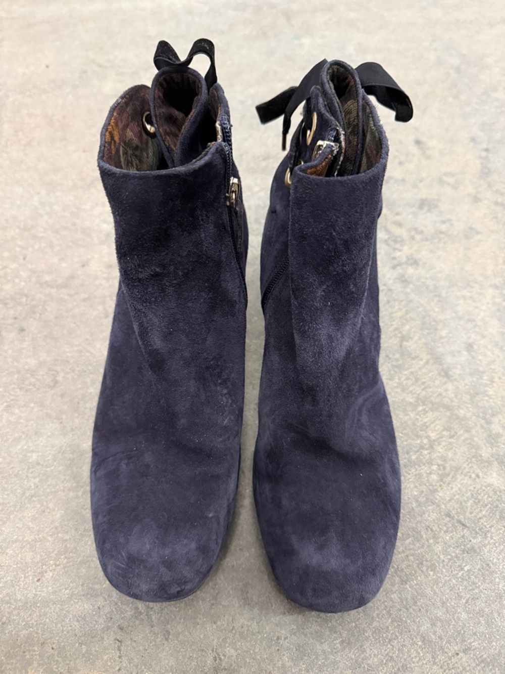 Women's Navy Suede Ankle Booties with Side Zip and Back Tie